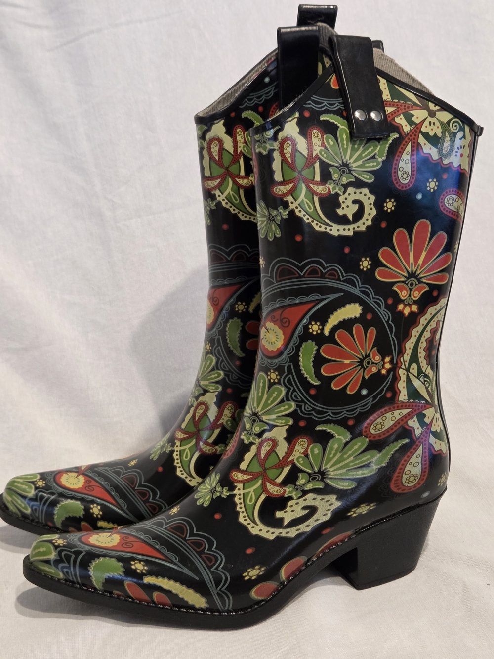 Nomad Women's Black Floral Paisley Rain Boots Size 7